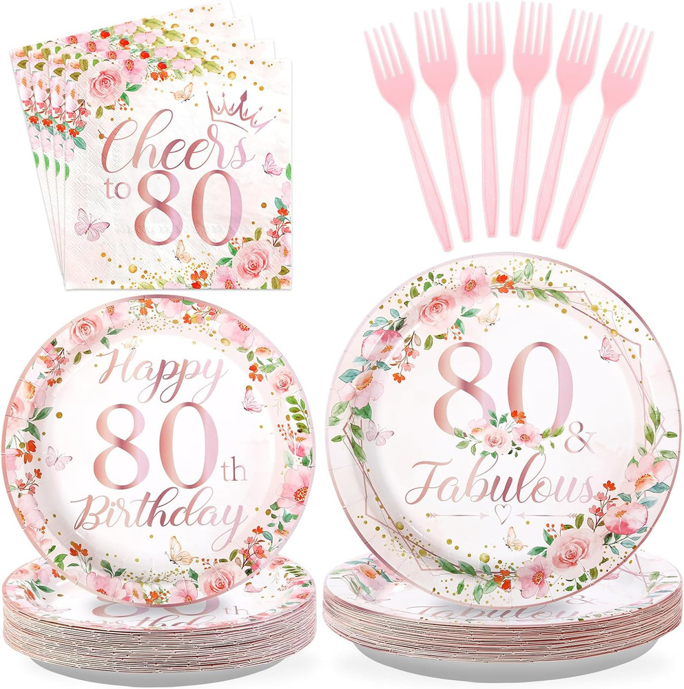 96Pcs 80th Birthday Decorations for Women Floral 80th Birthday Party Plates a…
