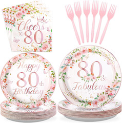 96Pcs 80th Birthday Decorations for Women Floral 80th Birthday Party Plates a…