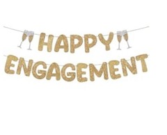 Pre Strung Happy Engagement Banner Glitter Gold & “He Asked She Said Yes” picks