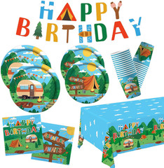 Happy Camper Birthday & Camping Party Decorations Set – Serves 25 with Disposabl
