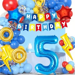 Birthday Party Decorations with 40 Inch Blue Number 5 Balloon, Lightning, Cir…