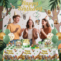 201Pcs Safari Birthday Decorations Tableware Set, 25 Serves Safari Plates and Na