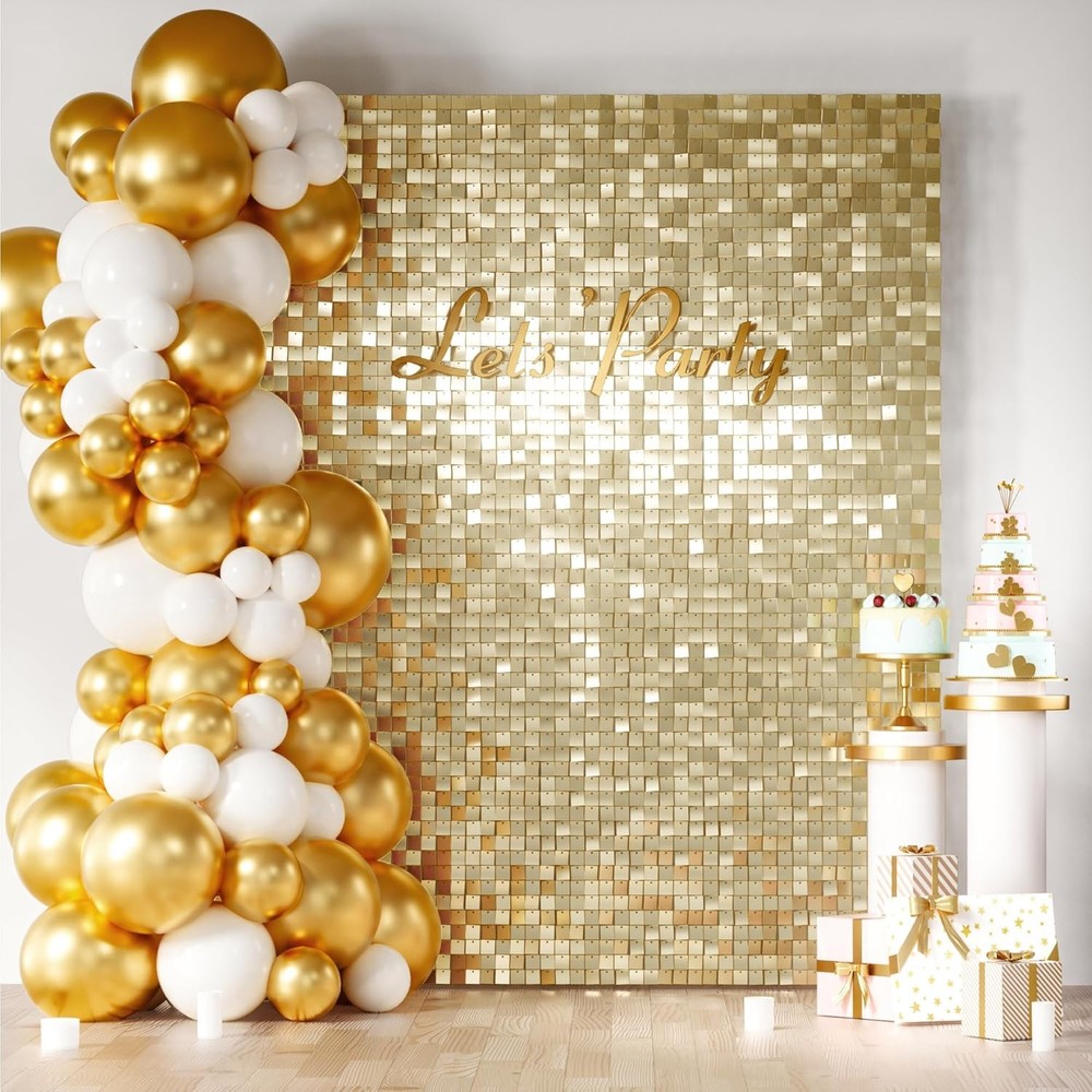 Light Gold Shimmer Wall Backdrop 24PCS Gold Sequins Backdrop Decoration Panels,