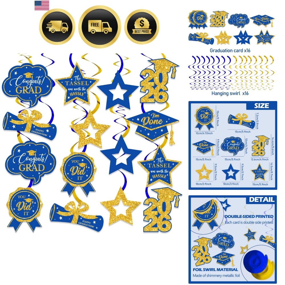 Festive 16 PCS Blue and Gold Graduation Ceiling Hanging Swirls for Grad Parties