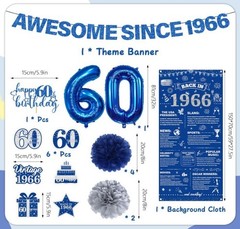 60Th Birthday Decorations Men Banner – 17 Pcs Blue Glitter Back in 1966 Birthday