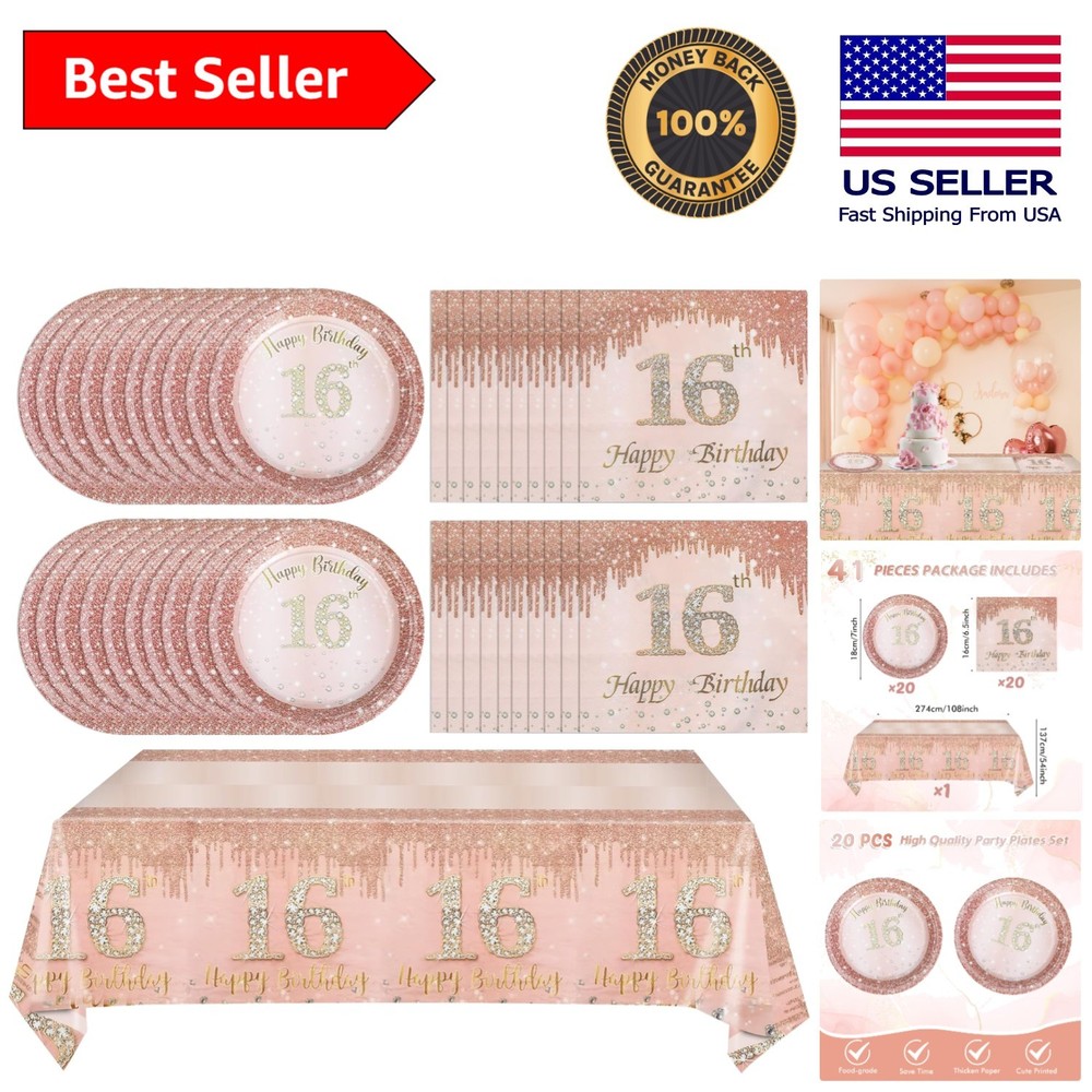 41-Piece Rose Gold Sweet 16 Party Decorations for Girls – Plates & Napkins Set