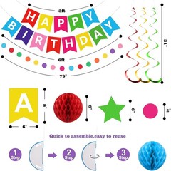 Birthday Decorations, Birthday Banner, Honeycomb Balls, Stars Hanging Swirls