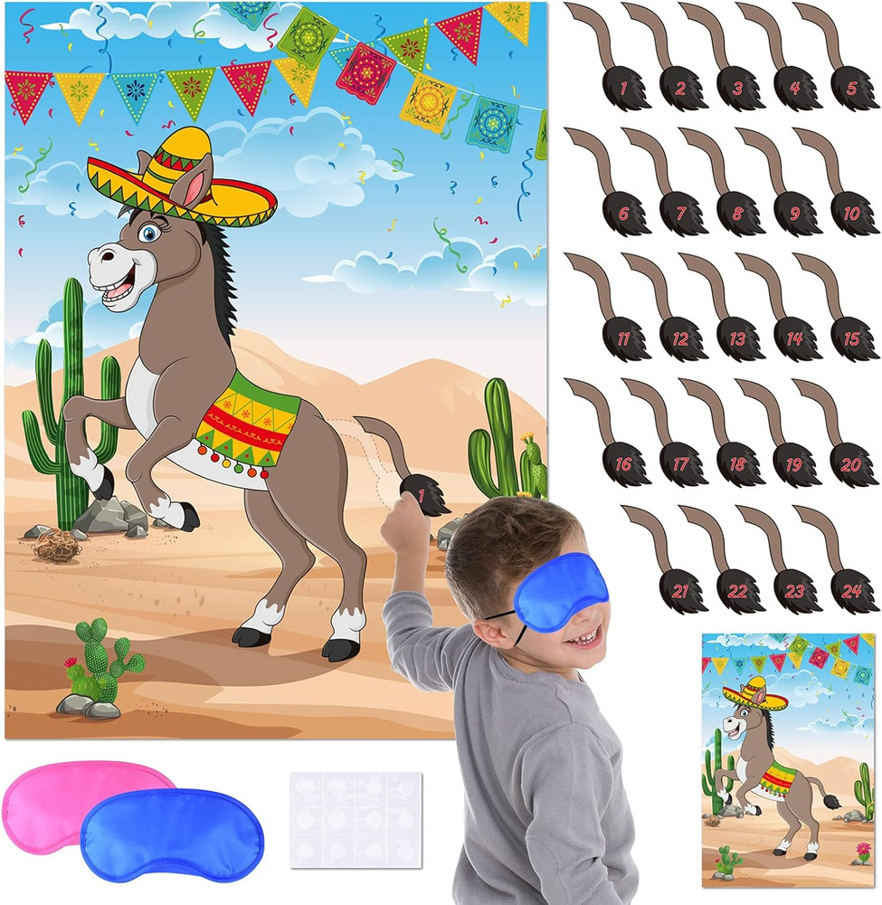 Pin the Tail on the Donkey Party Game, Mexican Donkey Party Supplies, Birthday P
