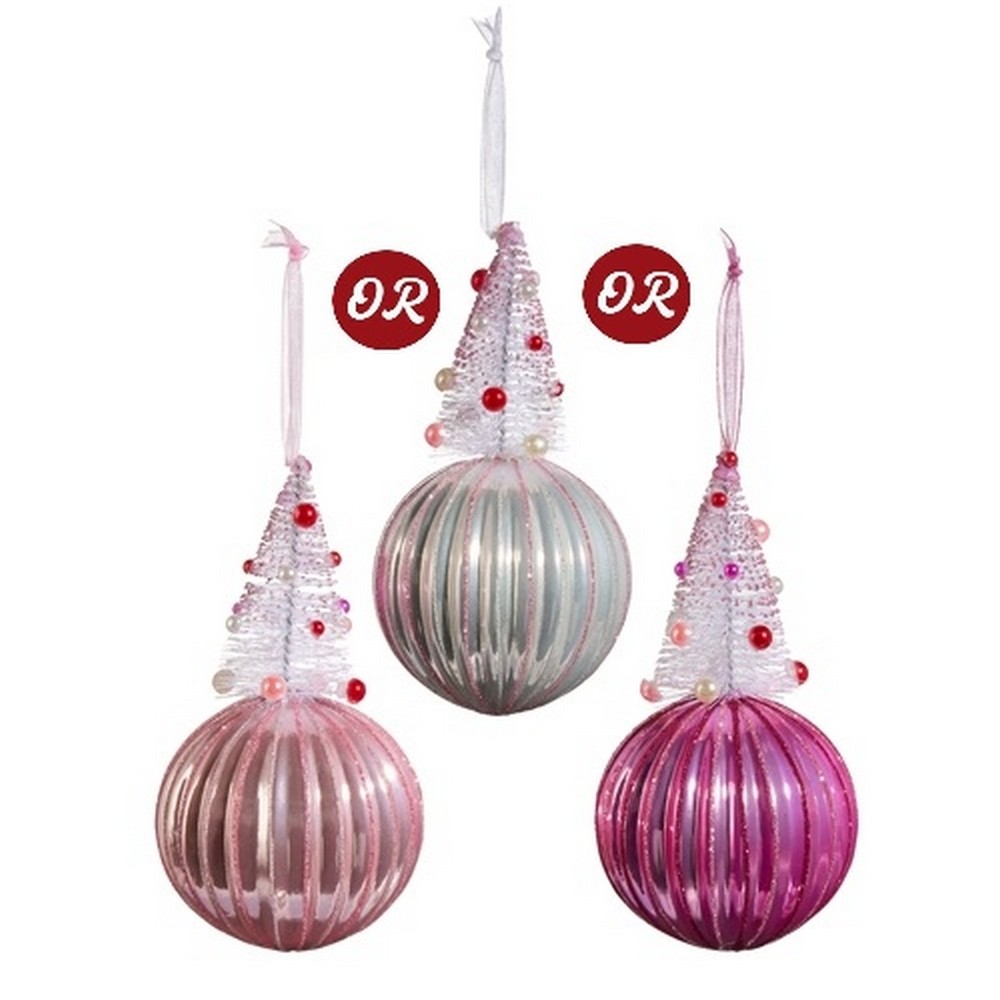 Raz Holly Jolly Holiday Pink Bottle Brush Tree On Ball Ornament Assorted