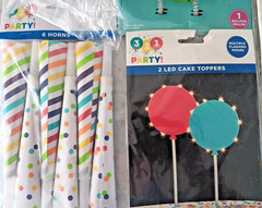 321 Party! Birthday Balloons LED CAKE TOPPER, HATS, HORNS, TABLE RUNNER 5 NEW