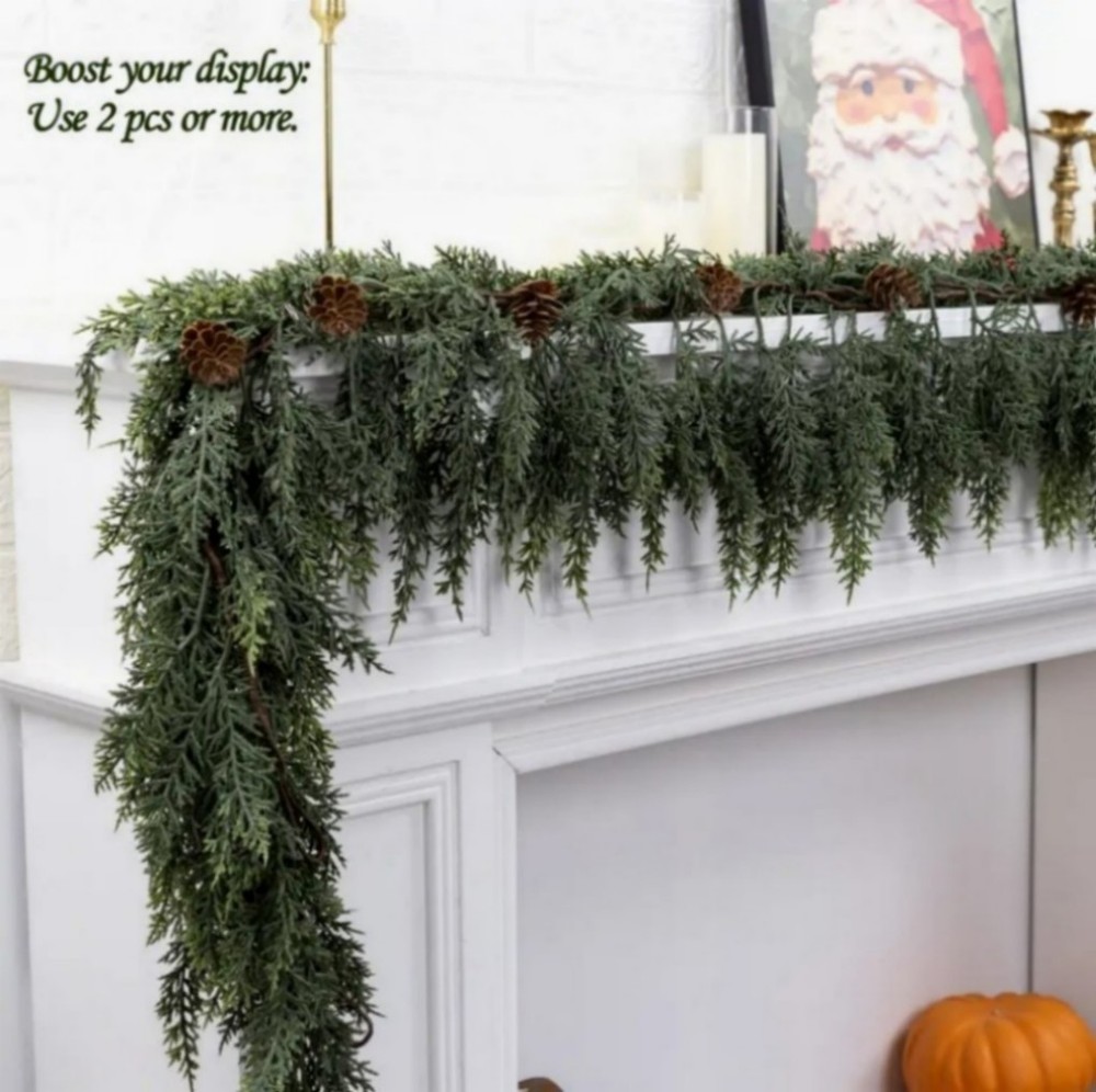 2Pcs 6 ft Christmas Cedar Garland-Realistic Cedar Pine Needles with 20 Pinecones