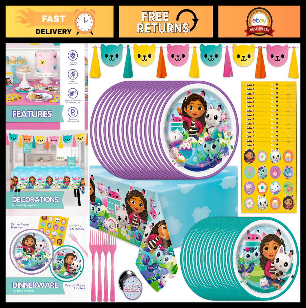Dollhouse Party Decorations Set | Birthday Tablecover, Banner, Plates & Napkins