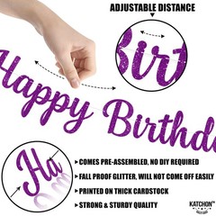 , Glitter Purple Cursive Happy Birthday Banner – Pre-Strung 10 Feet, Happy Bi…