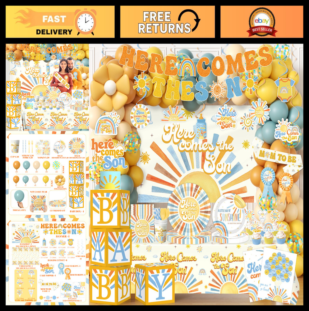 Boho Retro Sunshine Baby Shower Decor for Boy – Balloon Arch, Cake Topper & More