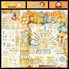 Boho Retro Sunshine Baby Shower Decor for Boy – Balloon Arch, Cake Topper & More