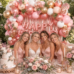 Rose Gold Birthday Decorations with Metallic Rose Gold Confetti Pink White Nude