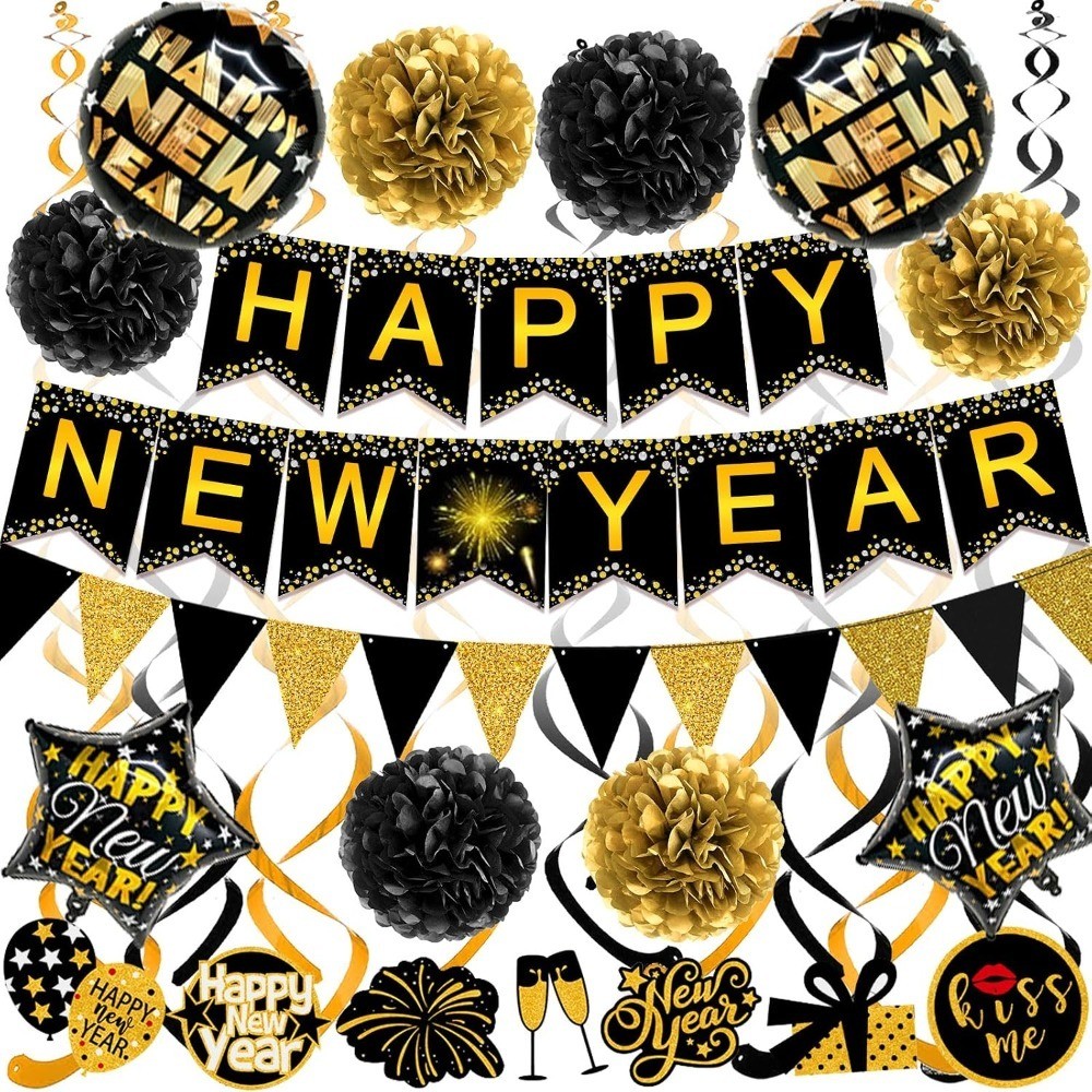 Happy New Year Paper Banner Triangle Flag Bunting Pom poms Swirls Streamers &