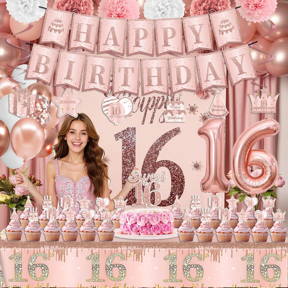 Sweet 16 Party Decorations Include Sweet 16 Banner Backdrop Cake Topper Table…