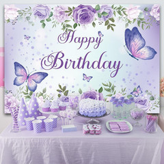 Purple Butterfly Birthday Banner Backdrop 5x3ft Party Decor for Women Girls