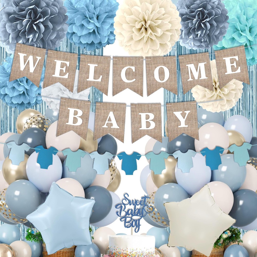 Dusty Blue Baby Shower Decorations- Boy Baby Shower Decor Set with- Welcome Baby