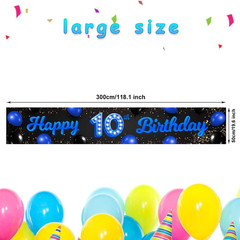 Happy 10Th Birthday Blue and Black Banner Cheers to 10 Years Old Backdrop Confet