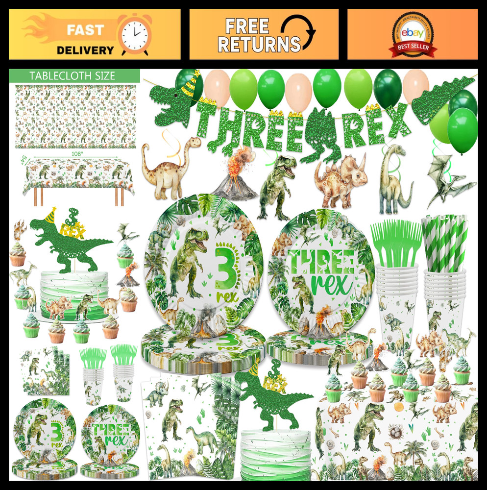208 Pcs Dinosaur Birthday Party Supplies – Green Dino Decorations, Plates, Cups,