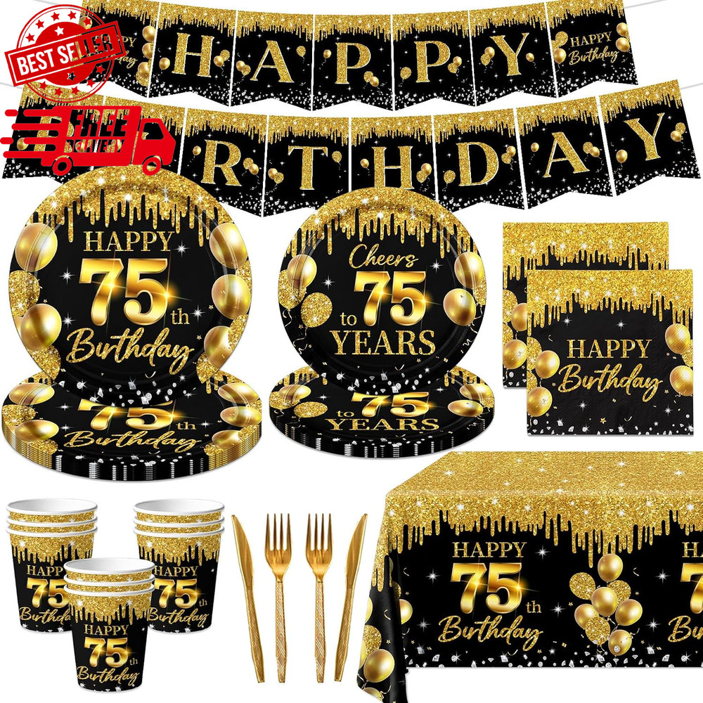 75th Birthday Decorations for Men Women, 142Pcs Black Gold 75th Birthday Deco…