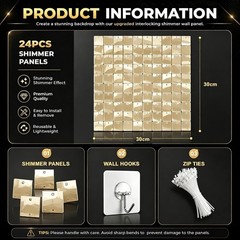 Champagne Gold Shimmer Wall Backdrop, 30cm*30cm*24 Pcs Square Sequin Panels, Lig