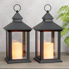 14″ Lanterns Decorative Indoor/Outdoor, 2 Pack Black Lantern Decor with Timer…