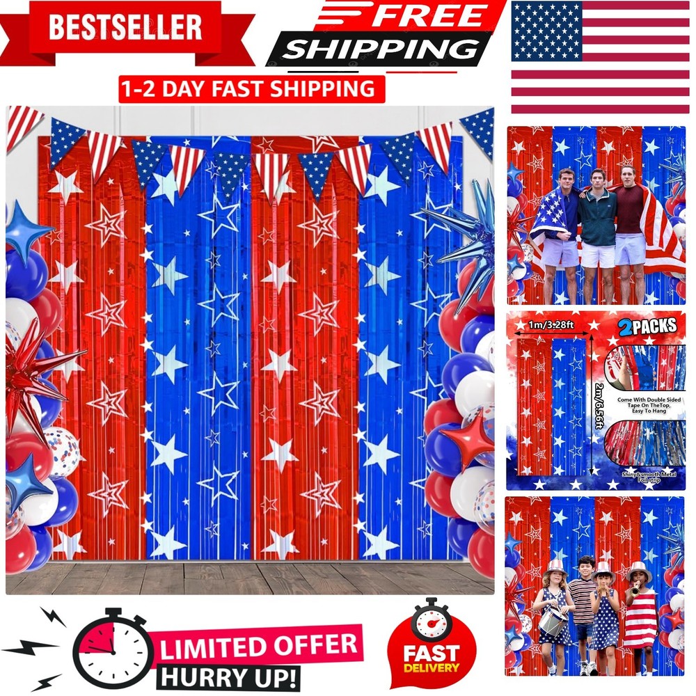 4th of July Backdrop Decorations, 2 Pack Star Print Red Blue Streamers Tinsel…