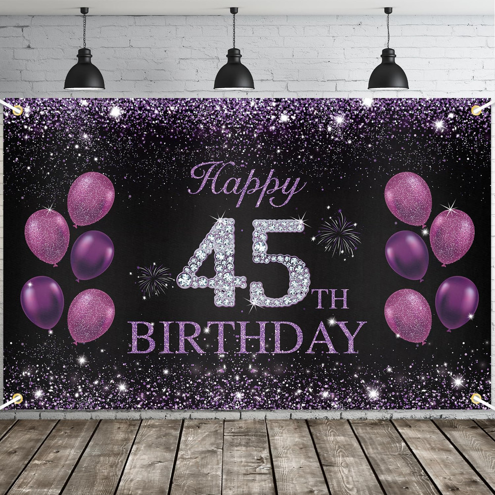 Happy 45Th Birthday Banner, Purple Party Decorations for Women, 45 Year