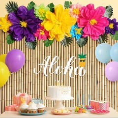 22 Pcs Hawaiian Beach Backdrop with Hawaii Paper Flowers Decorations Set 71 x 43