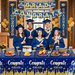 123 Pcs Blue Gold Graduation Decorations 2026 Set – Tablecloth, Plates, Cups, Ba