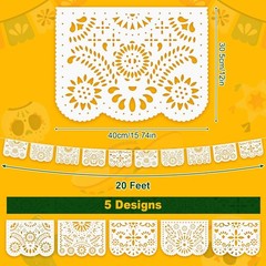 White Papel Picado Banner, 20 Ft Cinco De Mayo Decoration Plastic White Mexic…