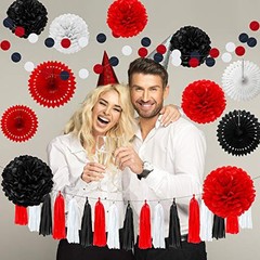 29 Pcs Red and Black Decorations Decoration Fan Pom Pom Honeycomb Flower Tiss…