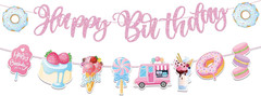 Sweet Party Banner – Pink Theme Decor with Donut, Ice Cream, Macaron for Girls’