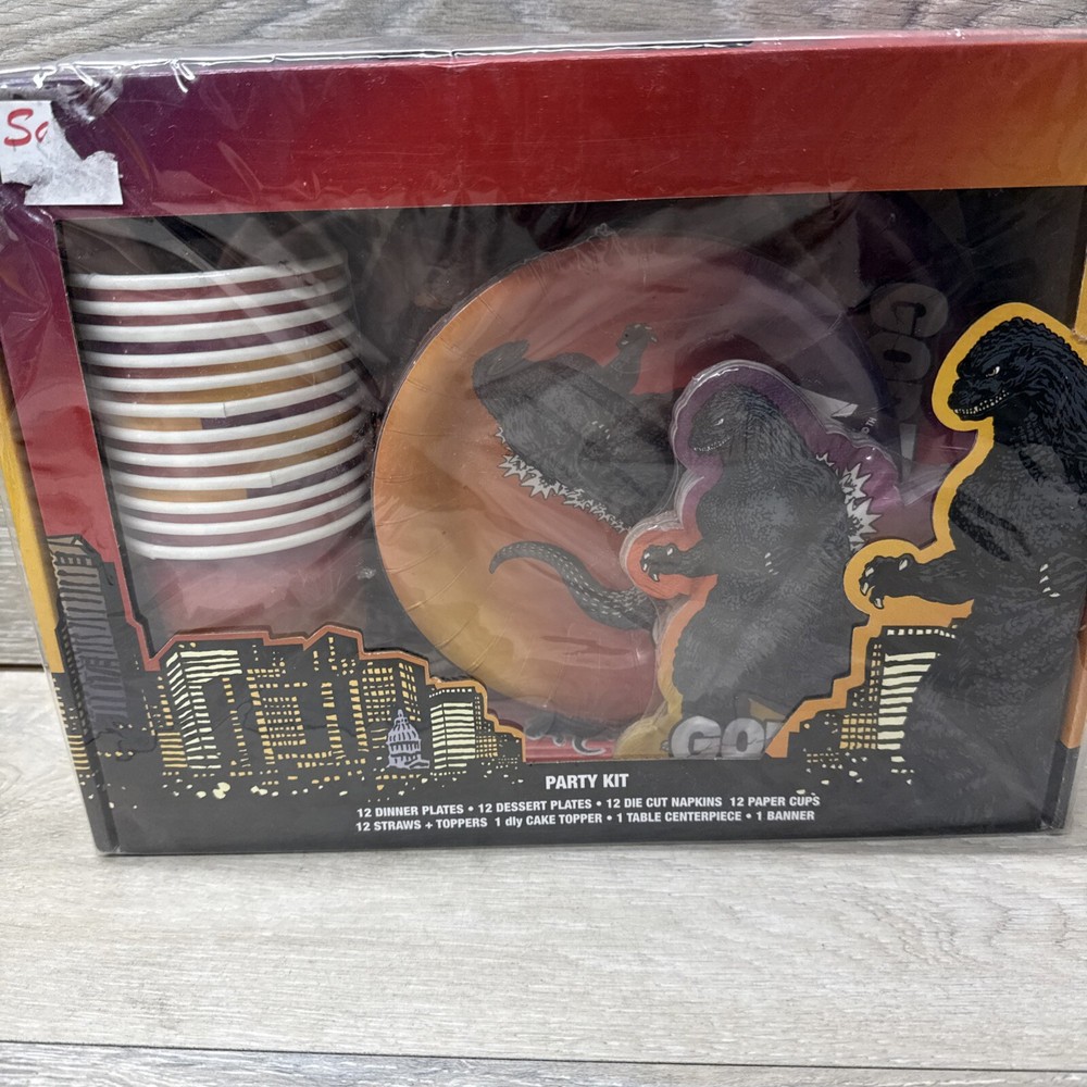 New & SEALED GODZILLA PARTY KIT 63 PC BANNER CUPS PLATES STRAWS NAPKINS Rare!