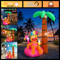 6FT Inflatable Tiki Luau Decor – Flamingo Coconut Palm Party Decorations, LED Li