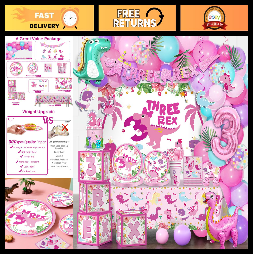 314Pcs Pink Dinosaur Birthday Party Decorations for 25 Guests – Balloon Arch, Ba