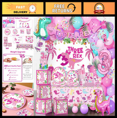 314Pcs Pink Dinosaur Birthday Party Decorations for 25 Guests – Balloon Arch, Ba