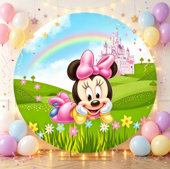 Round Backdrop Cover Princess Minnie Mouse Birthday Party Photo Background Decor