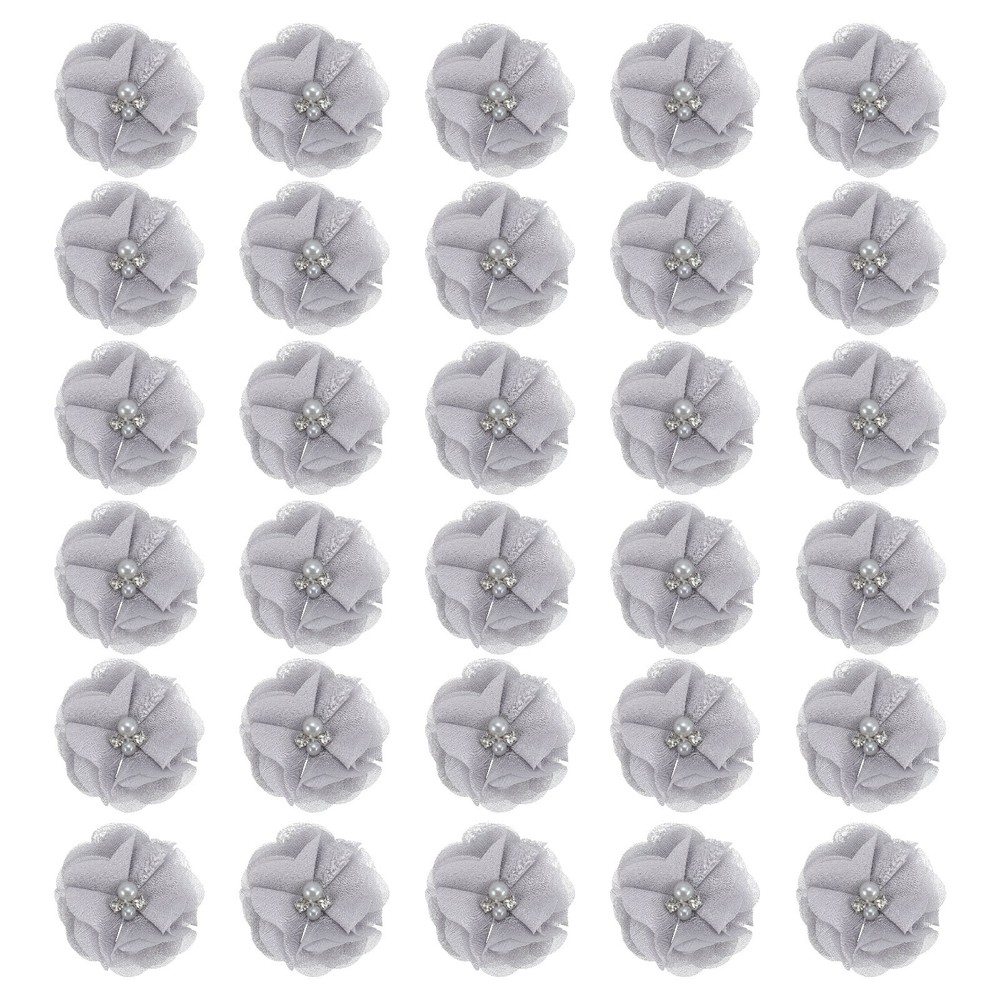 30Pcs 2″ Chiffon Flowers with Rhinestone Pearl Sewing Fabric Flowers, Gray