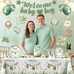 Xynic 201PCS Greenery Baby Shower Decorations Boy Tableware Set, 25 Serves Dispo