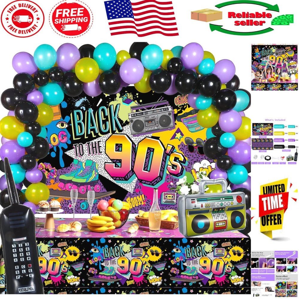 Colorful 85-Piece Party Decorations with Retro Inflatable Props & Table Covers