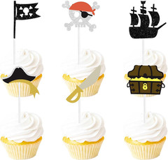 18Pcs Black Glitter Dessert Cupcake Topper Skull Ship Pirate Hat Nautical Sailin
