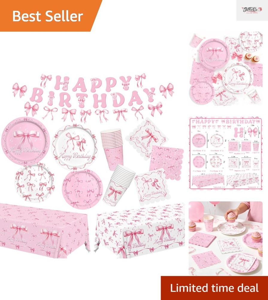 Delightful Pink Bow Party Kit for 24: Plates, Napkins & Bachelorette Essentials