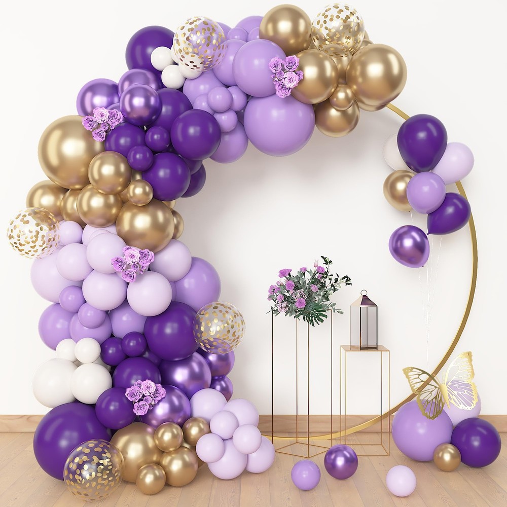 150Pcs Purple Balloons Garland Arch Kit, Light Pastel Purple Gold White Confe…