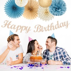 Neutral Birthday Decorations, 21pcs Paper Streamers, Flower Fans, Light Blue