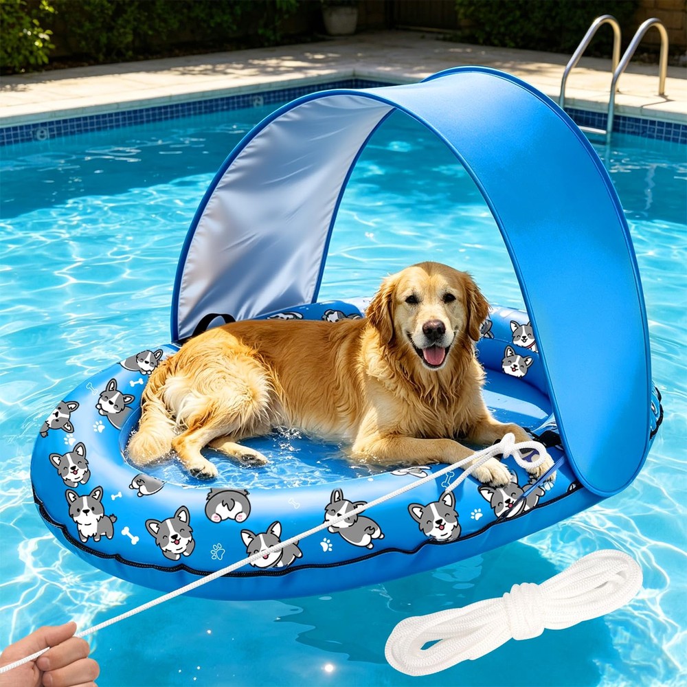 Inflatable Dog Pool Float with Sunshade Canopy and Rope, Floating Puppy Raft …