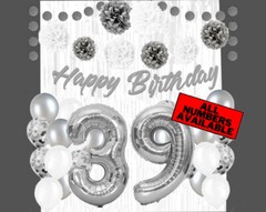 Silver & White 39th Birthday Decorations – 40″ Number Balloons &More-Boy or Girl